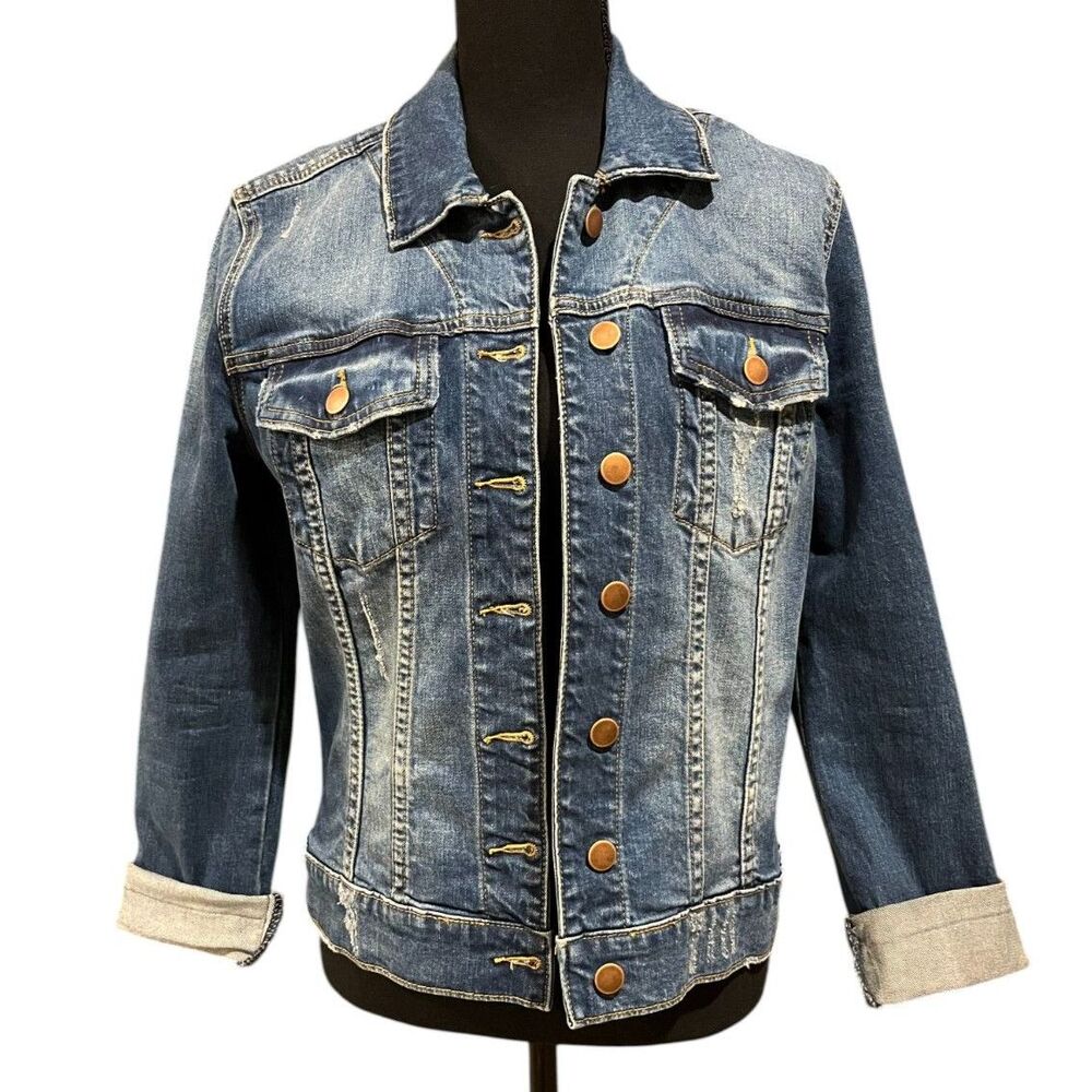 Kut From The Kloth Classic Blue Denim Trucker Style Jean Jacket Distressed Sz S